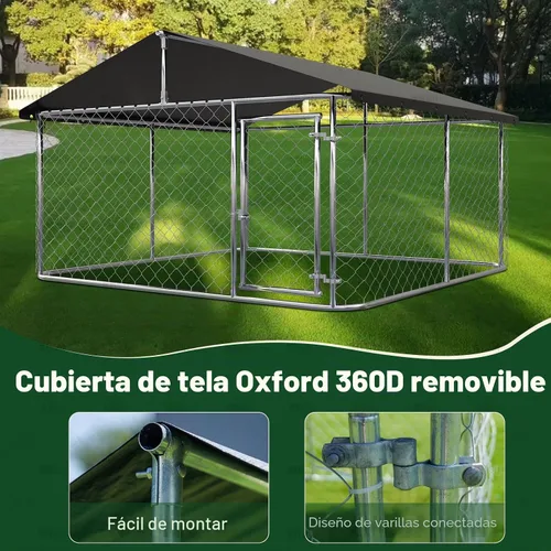 Vista 8 de Petony Perrera para perros al aire libre, valla ideal para perros medianos y pequeños, jaula de revestimiento antioxidante con techo, resistente a