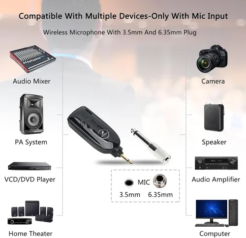 Vista 6 de Auriculares de micrófono inalámbrico 2.4G, micrófono inalámbrico UHF y micrófono de mano 2 en 1, rango de 165 pies, conectores de 0.138 in y 0.250
