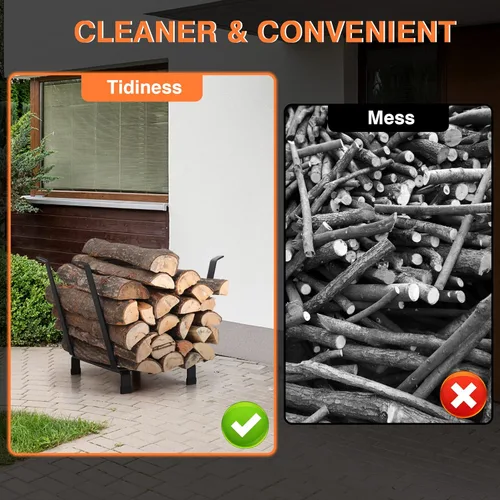 Vista 3 de MFSTUDIO Estante de leña para exteriores e interiores, patas arqueadas de hierro, estantes de almacenamiento de madera de fuego resistentes