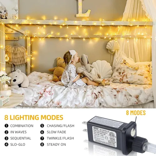Vista 5 de 400 LED 120 pies Luces de Cadena LED Blanco Cálido para Árbol de Navidad Exterior Impermeables Luces Centelleantes para Dormitorio con 8 Modos
