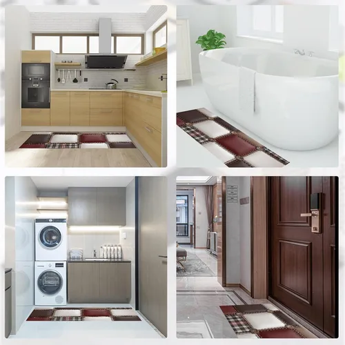 Vista 7 de Reddish Brown Kitchen Rugs, 3D Leather Patchwork Non Skid Washable Comfort Mats for Floor, Anti Fatigue Kitchen Cushioned Runner Rug Retro Plaid