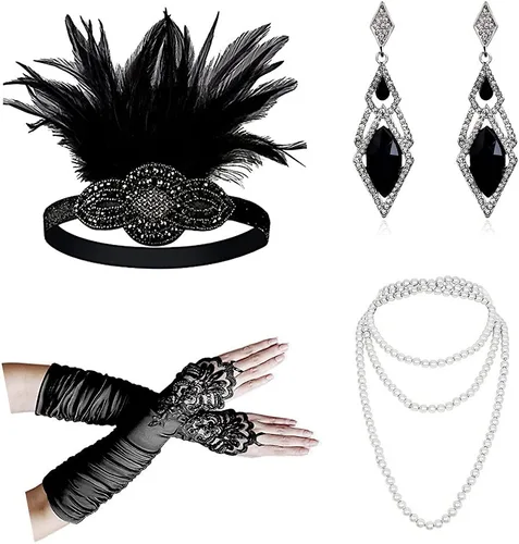 Cizoe (1111da) - Juego de accesorios de estilo Gatsby de la década de 1920, para mujer, diadema de estilo flapper, tocado, collar, guantes