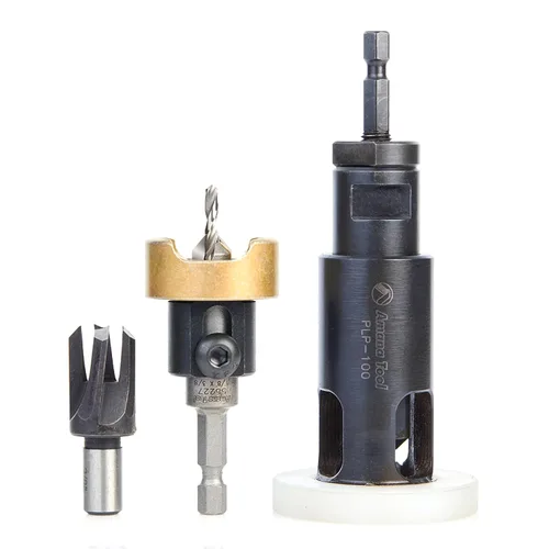Vista 8 de Amana Tool Juego avellanador para carpintería, AMS-621, 3 piezas Punta de carburo con tope de profundidad ajustable y sin empuje, sin rodamiento