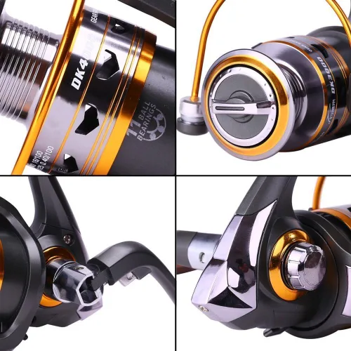 Vista 4 de Sougayilang Carretes de pesca giratorios con mango plegable de madera intercambiable izquierda/derecha, cuerpo de metal potente, relación