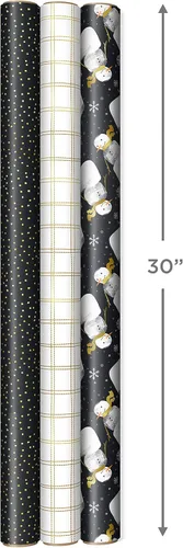 Vista 3 de Hallmark - Papel de regalo de Navidad negro con líneas de corte en el reverso (3 rollos: 11.2 m2) Gris carbón, muñecos de nieve, cuadros de rombos