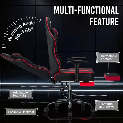 Vista 7 de Silla de juegos con cojín de resorte de bolsillo de masaje, silla reclinable de 155° con reposapiés y reposabrazos ajustables, sillas ergonómicas