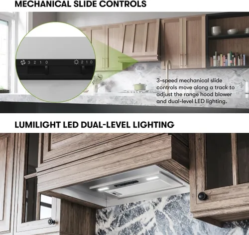 Vista 4 de Zephyr Campana extractora de 400 CFM de potencia de 3 velocidades con ventilador Tornado Mini Canopy inserto de ventilación con controles