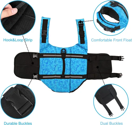 Vista 5 de HAOCOO - Chaleco salvavidas para perro, chaleco salvavidas, traje de baño de seguridad con rayas reflectantes/cinturón ajustable para perro.