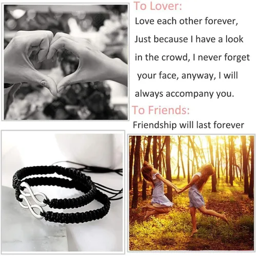 Vista 4 de RINHOO Forever Lovers - Juego de 2 pulseras de acero inoxidable con infinitos, cuerda trenzada de cuero, pulsera de muñeca ajustable de 7 a 9