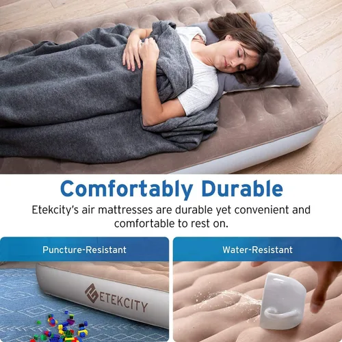 Vista 5 de Etekcity Colchón de aire mejorado de tamaño individual para campamento, cama inflable, colchón inflable elevado con bomba recargable para invitados