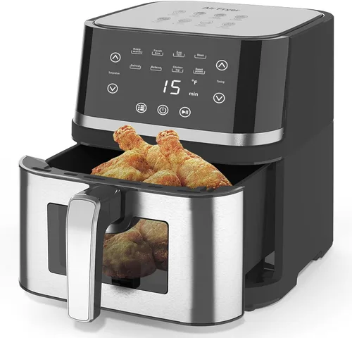 Freidora de aire digital grande de acero inoxidable de 8 cuartos con ventana de vista de vidrio para uso en cocina, antiadherente, pantalla táctil,