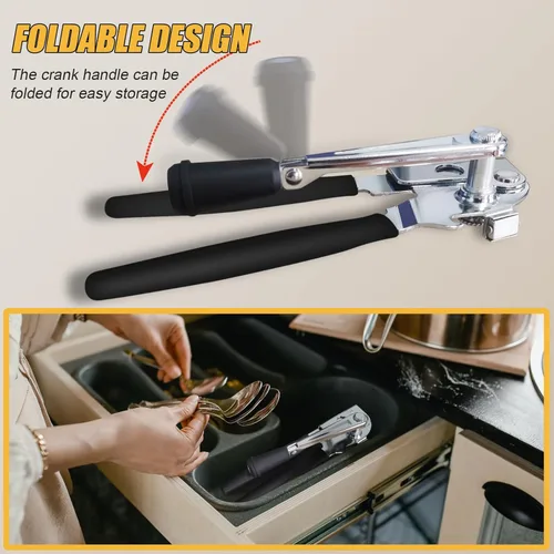 Vista 5 de Abridor de latas comercial, ICEKATl Abridor de latas manual de alta resistencia fácil para latas grandes con imán, manivela plegable con mangos