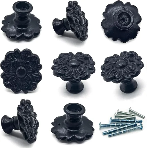 8 pomos de flores negras – pomos sólidos para cajones – manijas de flores vintage con tornillo (8 unidades)