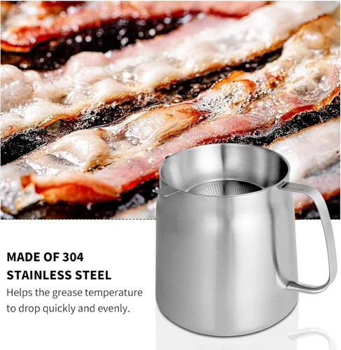 Vista 8 de Olla de Freidora Profunda de Acero Inoxidable 304 de 50oz con Cesta y Colador, Recipiente de Gran Capacidad para Grasa de Tocino para Cocina
