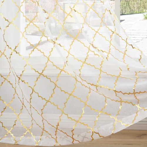 Vista 10 de Kotile - Cortinas transparentes doradas y blancas de 63 pulgadas de largo, 2 paneles, cortinas metálicas doradas con patrón de ogee para dormitorio