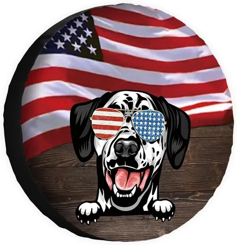 Vista 9 de Cubierta de neumático de repuesto para perro salchicha con gafas de sol con bandera de Estados Unidos, fundas protectoras de ruedas a prueba
