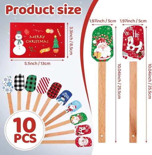 Vista 2 de Juego de 10 espátulas de silicona de Navidad con mango de madera, espátula de Papá Noel, espátula para hornear con tarjetas de regalo de Navidad