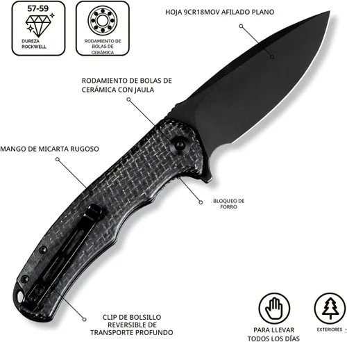 Vista 2 de CIVIVI Cuchillo de Bolsillo Plegable - Praxis Flipper con Liner Lock, Hoja Negra Stonewashed de 3.75", Mangos de Micarta, Clip Reversible