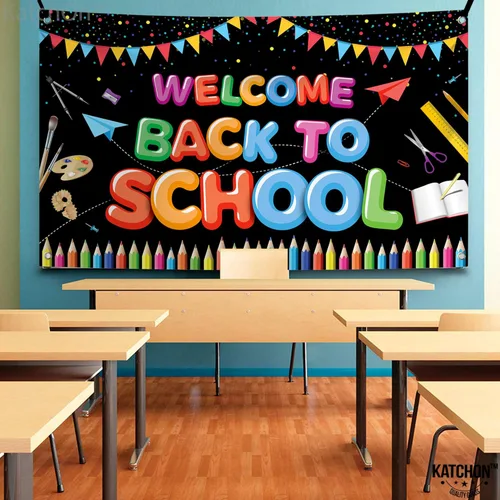 Vista 4 de KatchOn, Pancarta extragrande de bienvenida a la escuela de 72 x 44 pulgadas, telón de fondo de regreso a clases, decoraciones para el aula