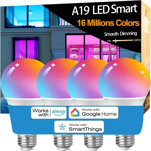 Vinaco Bombilla LED inteligente A19 de 9 W, 800 lm, equivalente a 60 W, bombilla RGB que cambia de color, funciona con Alexa y Google Assistant,