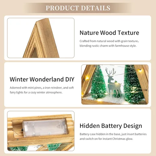 Vista 4 de Hanobe Decoración navideña de mesa para interior: figura de árbol de Navidad de madera con luces - Decoración navideña moderna de granja