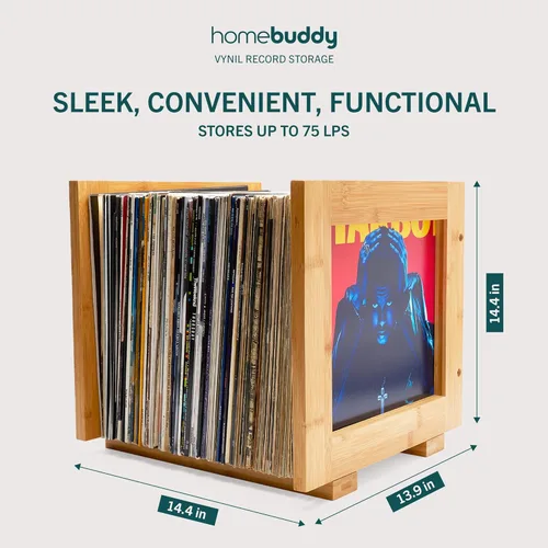 Vista 2 de HomeBuddy Almacenamiento de discos de vinilo, 2 soportes para tocadiscos para álbumes, cajas de discos de madera para vinilo, capacidad para hasta