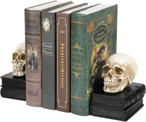 MyGift Sujetalibros vintage, sujetalibros decorativos para libros pesados, decoración de calavera de Halloween, extremos de libro góticos, estatua