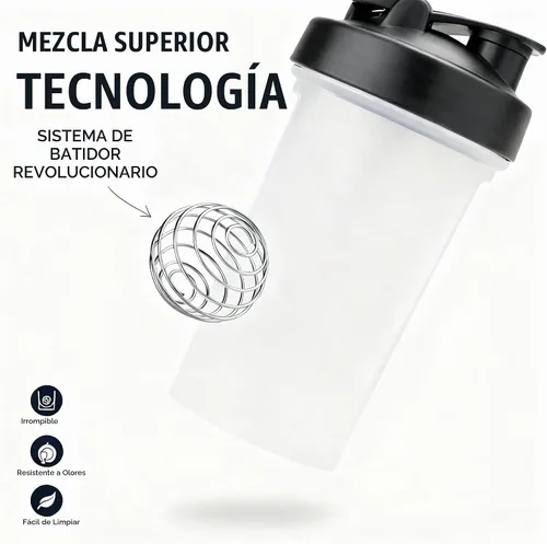 Vista 5 de Botella agitadora, botella mezcladora de proteínas, botella agitadora deportiva con batidor de alambre, ideal para batidos de proteínas y Negro