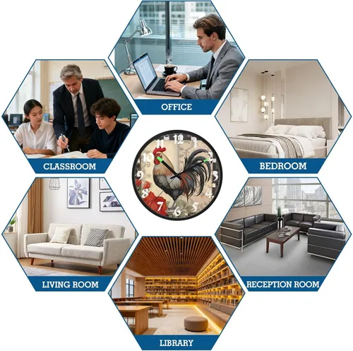 Vista 7 de STAYTOP Retro Red Rooster LED Wall Clock for Bedroom Night Glow,12 Inch Silent Light Up Wall Clocks for Living Room Decor, Sound Control Modern Wall