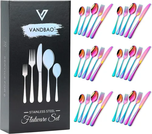 Vista 10 de VANDBAO Rainbow - Juego de cubiertos de 20 piezas, utensilios coloridos de acero inoxidable, juego de vajilla para 4, incluye cuchillo