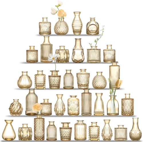 Vista 20 de UPBUD Juego de 36 jarrones de cristal marrón, mini jarrón para centros de mesa, pequeños jarrones de brote ámbar a granel para decoraciones de boda