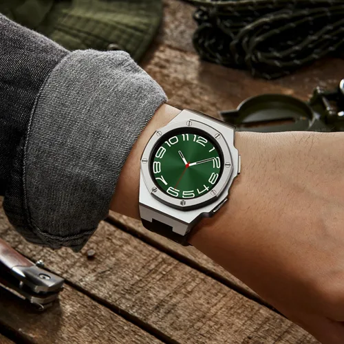 Vista 6 de Funda de lujo diseñada para Samsung Galaxy Watch 6 Classic de 1.850 in 2023, resistente funda protectora militar de metal con correa de silicona