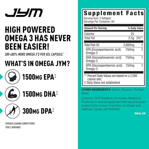 Vista 3 de JYM Supplement Science Aceite de Pescado Omega JYM 2800mg, Omega 3 de Alta Potencia, EPA, DHA, DPA para Soporte del Cerebro, Corazón