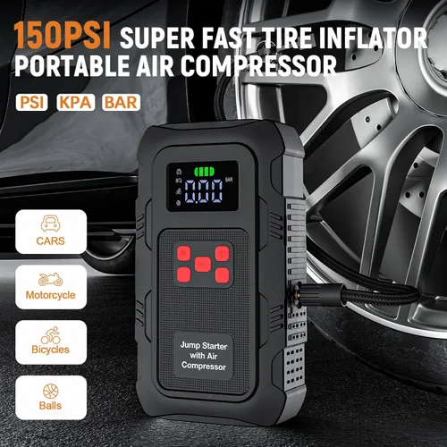 Vista 3 de Arrancador de 5000 A con compresor de aire, arrancador de coche A1 con inflador de neumáticos de 150 PSI, caja de salto de 12 V con pantalla LCD