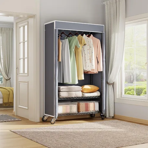 Vista 9 de Higeego H4 Plus Perchero Enrollable con Cubierta, Perchero de Ropa Resistente con Ruedas, Closet Portátil para Colgar Ropa, Organizador
