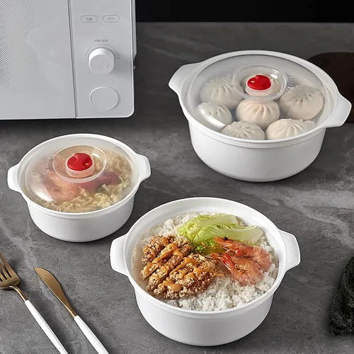 Vista 5 de Tazones para microondas de 3 piezas con tapas, aptos para microondas, platos aptos para microondas para calentar alimentos, artículos esenciales