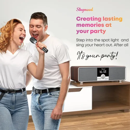 Vista 2 de Máquina de karaoke con 2 micrófonos UHF, subwoofer, barra de sonido de audio para cine en casa, compatible con óptico/Bluetooth/AUX/USB/PC, máquina