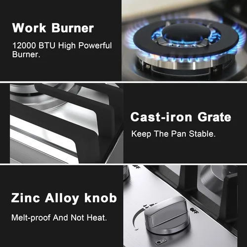 Vista 4 de Placa de cocina de gas de 12 pulgadas, estufa de gas integrada con 2 quemadores, cocinas convertibles NG/LPG, placa de cocina de propano de doble