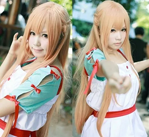 ANOGOL Peluca rubia para cosplay, peluca larga y recta con flequillo para mujeres, cabello sintético para mujeres, niñas, hombres y niños, peluca de