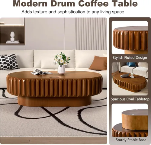 Vista 4 de Oval Coffee Table with Storage, 43.3 Inch Modern Fluted Coffee Table with Removable Lid for Living Room, Wood Drum Center Table for Apartment Small