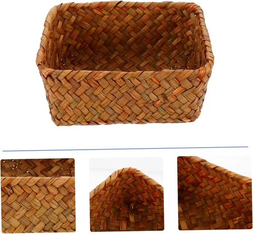Vista 3 de Caja de almacenamiento tejida de ratán de hierba marina, cestas de mimbre con asa, cesta de almacenamiento vintage, bandejas de frutas