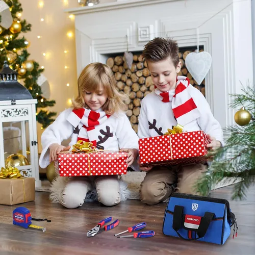 Vista 7 de WORKPRO Juego de herramientas de mano para niños de 9 piezas, kit de herramientas junior azul con bolsa de almacenamiento para niños, niñas, niños