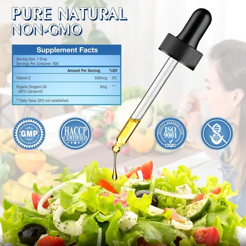 Vista 4 de Gotas líquidas de aceite de orégano con Carvacrol, vitamina E Aceite de suministro de 6 meses de extracto de tintura de orégano, limpieza