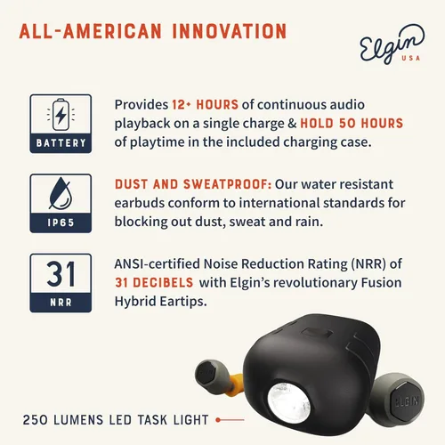 Vista 3 de Auriculares Elgin Rebel True Wireless, auriculares Bluetooth de reducción de ruido de 25 dB, micrófono con aislamiento de ruido, vida de batería
