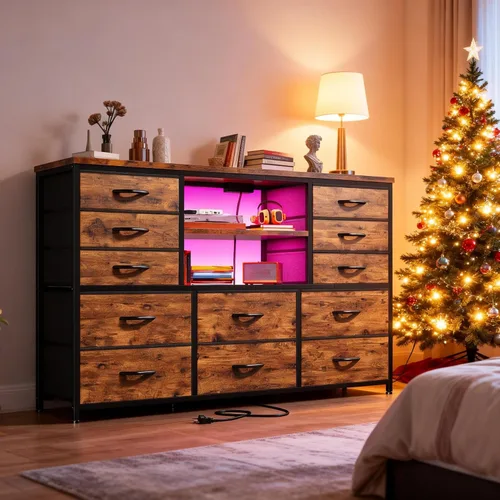 Vista 9 de EnHomee - Cómoda negra con luces LED y estación de carga, soporte de TV para televisor de 60 pulgadas, cómodas anchas y cómodas con estantes