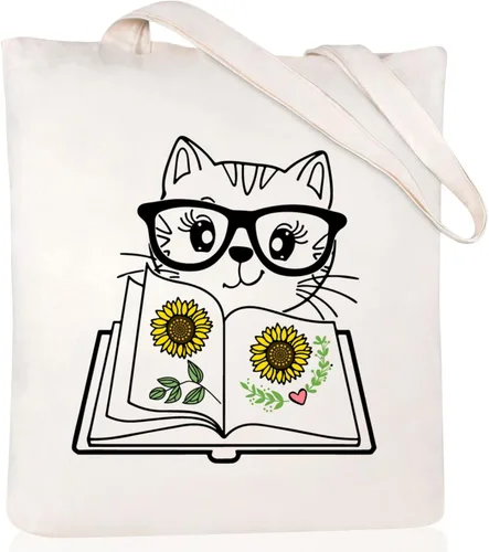 Vista 20 de Andeiltech - Bolsa de lona para mujer, con diseño de gato bonito y estética, bolsas reutilizables para compras y comestibles, con bolsillo