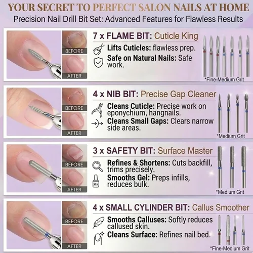 Vista 3 de Juego de 30 brocas de uñas para cutículas: brocas de uñas de 3/32 pulgadas para preparación de uñas de gel acrílico, contiene cabezas