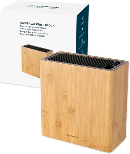 KITCHENDAO XL Bloque universal de cuchillos de bambú con ranuras para tijeras y barra de afilar, soporte de almacenamiento de cuchillos seguro y