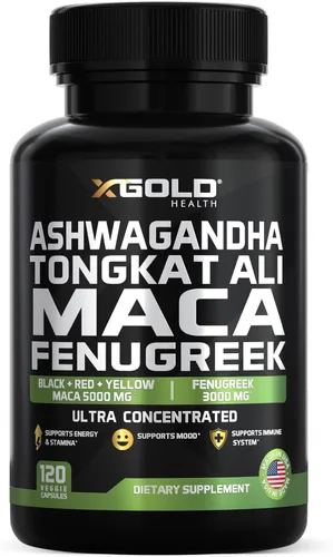 Ashwagandha 5000 mg + Tongkat Ali 1000 mg + raíz de maca 5000 mg + suplemento de fenogreco de 3000 mg | Extracto de raíz de maca negra + roja +