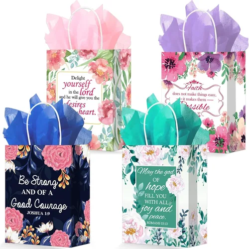 24 bolsas de regalo religioso, bolsas de papel de regalo de la Biblia con 24 pañuelos, bolsas de papel con versículos bíblicos con asas, bolsas de